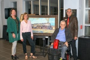 Gene Dougherty was honored at an artist reception Tuesday, Nov. 30 in the the Eleanor Hays Art Gallery in the KPAC.  The NOC collection of Dougherty’s work is 40 pieces of Dougherty’s art.  Pictured (L-R):  Sheri Snyder, Vice President for Community Relations & Development; Audrey Schmitz, Eleanor Hays Art Gallery Director; Gene Dougherty, Dr. Clark Harris, NOC President.  (photo by John Pickard/Northern Oklahoma College) 