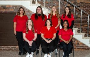 Tonkawa Nursing Graduates Pictured Front Row (L-R):  Sylvie Brand, Lexi Morris, Boun Thorne.  Back Row (L-r):  Keziah McLain, Darah Dickover, Savannah Dolezal, Tiffany Young.