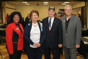 NOC Enid hosted a Veterans Day Ceremony Friday at the Gantz Center.  The guest speakers were Enid Regent Cynthia Smith and her husband, Robert Smith.  Pictured (L-R):  NOC Diversity Committee Chairman Dr. Mary Ann McCoy, Cynthia Smith, Robert Smith, NOC President Dr. Clark Harris.  (photo by John Pickard/Northern Oklahoma College)