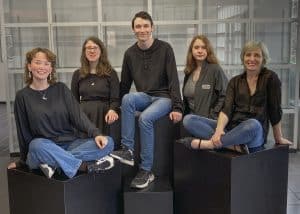 Northern Oklahoma College art students (from left) Jayden Ryan, Ponca City; Mikaila Kraus, Okarche, Drew Dollarhide, Blackwell, Mariah Roebuck, Perry, and Amy Smith, Pawnee are featured in Eating Elephants, the annual student art exhibition on view April 17-May 9 in the Eleanor Hays Art Gallery, NOC Tonkawa. A reception honoring all students with work in the exhibit is set from 6 - 7 p.m. Saturday, April 29 in the art gallery. (Photo by Ken Crowder)