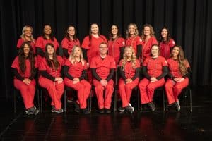 : NOC Nursing Graduates 2023. Front Row (L-R): Harley Waldrep, Haylee Rogers, Kylee Pameticky, Michael A. Ward, Ava Franks, Emily Smith, and Trista Kilian. Back Row (L-R): Ashley Wellings, Janeka Perry, Kristen Leading Fox, Courtney Covert, Lauren Cook, Mikaela Browning, Patricia Frickenschmidt, and Caitlin Nagel (photo by Shiloh Martin/Northern Oklahoma College).