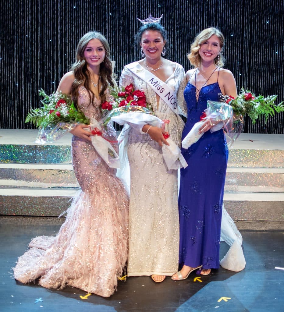 Jaidyn Burrell (center) was crowned Miss NOC Tuesday night at the Kinzer Performing Arts Center.  Abby Davis (left) was the 2nd runner-up while Jocelyn Kuhlmann (right) was the 1st runner up.  (photo by Shiloh Martin/Northern Oklahoma College).