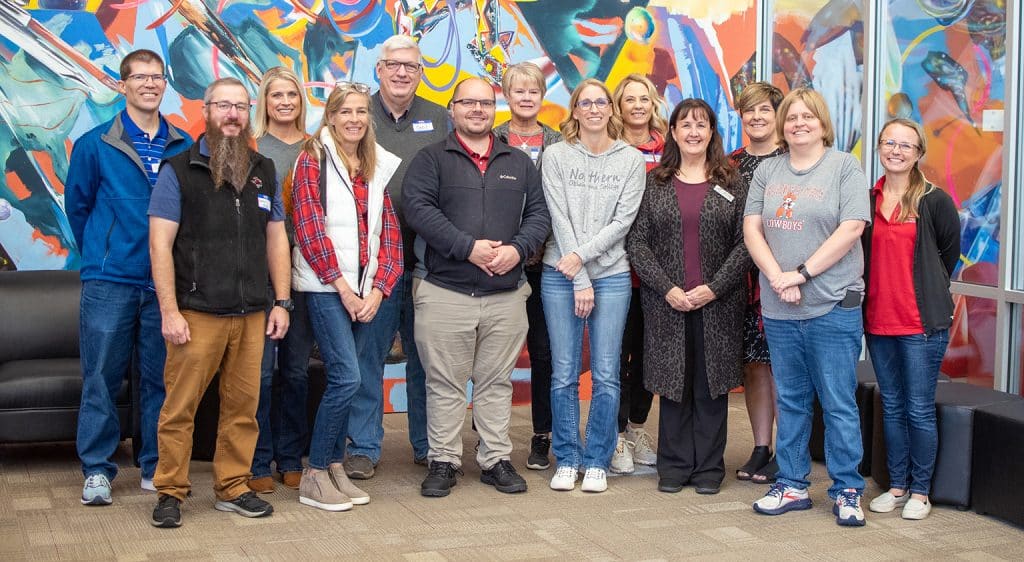 NOC Tonkawa hosted a Math Instructors Workshop on Friday in the Cultural Engagement Center.  Front Row (L-R):  Keenan Meeker, Wendy O’Neill, Martin Carlson, Cassie Firth, Dee Cooper, Courtney Miller, Karri Morrill.  Back Row (L-R):  Tim Mahary, Stephani Spurlock, Cecil Phibbs, Lynn DeMuth, Kathi Shamburg, Christi Hook.  (photo by Shiloh Martin/Northern Oklahoma College).  (photo by Shiloh Martin/Northern Oklahoma College)