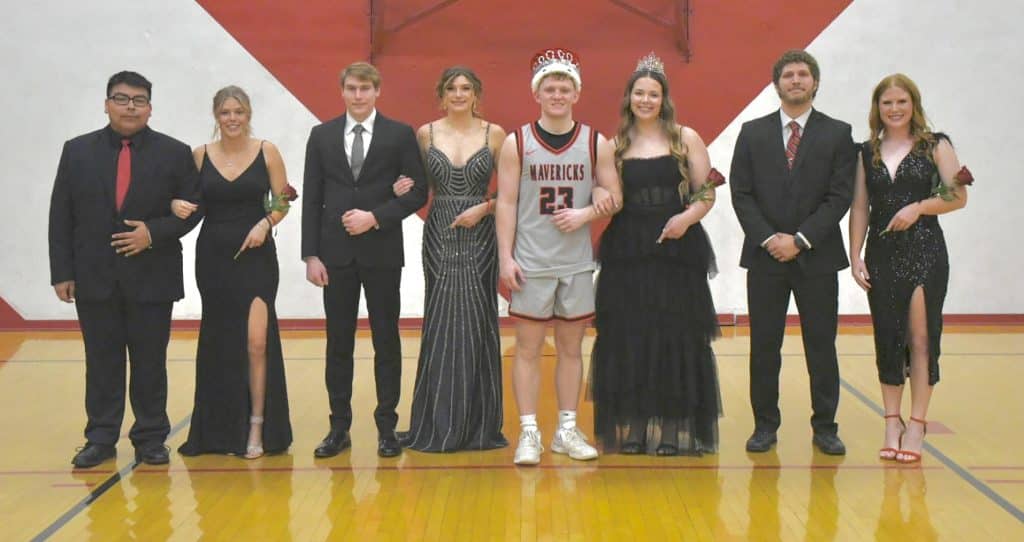 The NOC 2024 Homecoming Court.  Pictured (L-R):  Edgar Dominguez, Keely Hussey, Brian Fredricks, Jr., Hayley Spaeth, King Tyler Day, Queen Lacy Rapp, Josiah Melton, Jaci Johnson.  (photo by Shiloh Martin/Northern Oklahoma College).