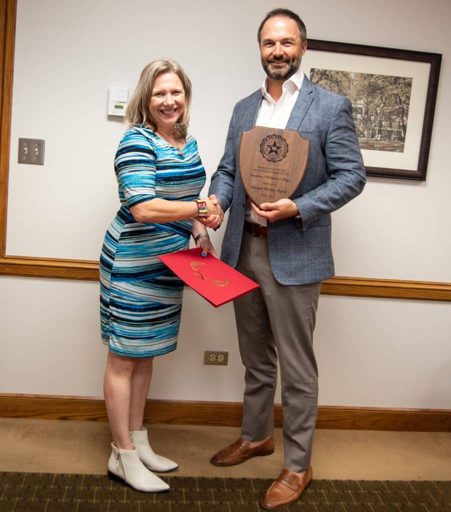 NOC regent Michael Martin was honored Wednesday at his final regent meeting by the Board of Regents and president Diana Watkins.  (photo by Shiloh Martin/Northern Oklahoma College)