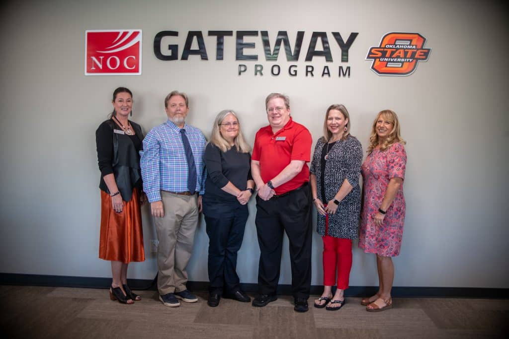 Christopher and Dr. Juliana Nykolaiszyn have established the NOC Gateway Student Scholarship Fund through the NOC Foundation.  Pictured (L-R): Vice President for Development & Community Relations Sheri Snyder, Vice President for Stillwater Dr. Marsh Howard, Dr. Juliana Nykolaiszyn, NOC Science instructor Christopher Storm, NOC President Diana Watkins, Director of Development and Donor Relations Candy Oller. (photo by Shiloh Martin/Northern Oklahoma College).