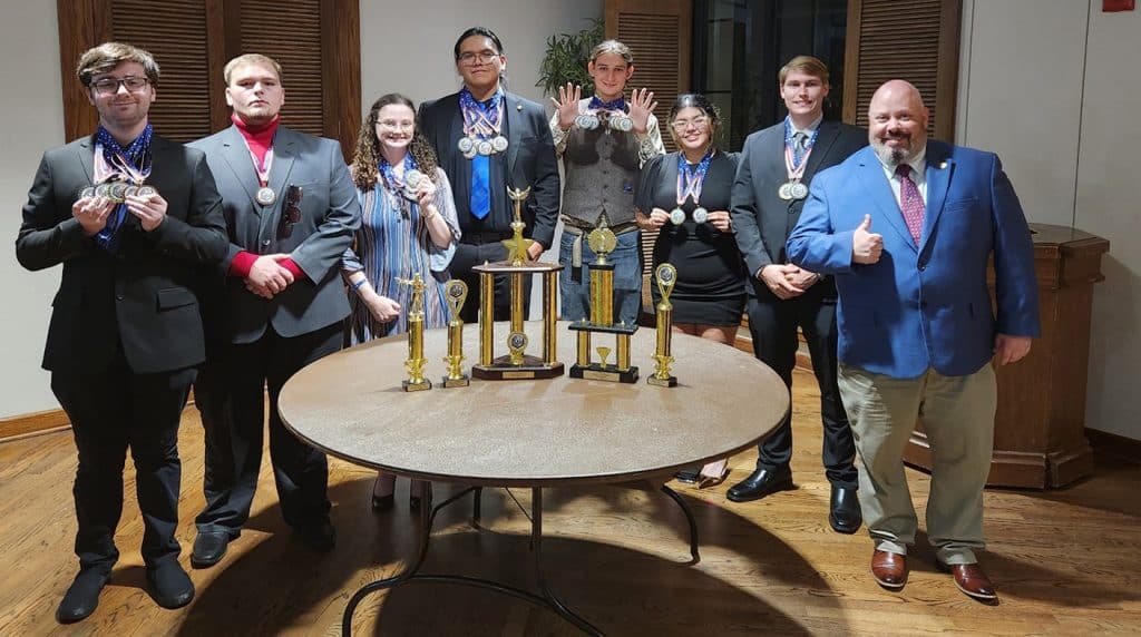 The NOC Criminal Justice Team won the Regional Conference and Competition Sweepstakes Championship in Texas Oct. 10-12.  Pictured (L-R): Gabriel Liggett, Avry Nailon, Samantha Mears, Geronimo Quilimaco, Ronald Haley, Yoselin Ramirez, Brian Fredricks, Troy Cochran (photo provided)