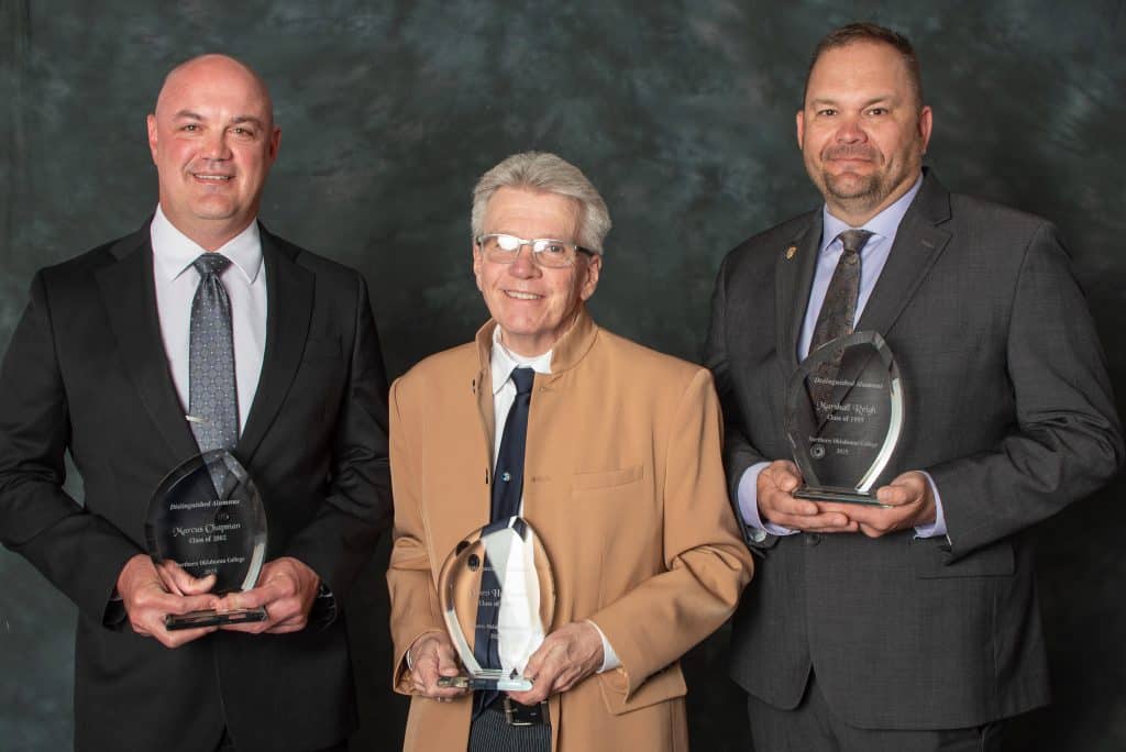 Three NOC alums were inducted into the Distinguished Hall of Fame Saturday in Tonkawa.  Pictured (L-R):  Marcus Chapman (Class of 2002), Dineo Heilmann (Class of 1982) and Marshall Reigh (Class of 1999).  Photo by Shiloh Martin/NOC).
