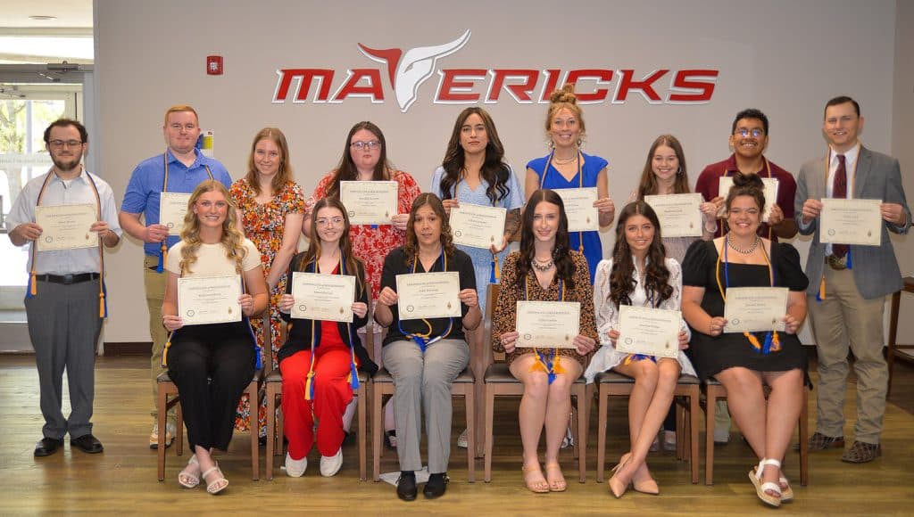 Phi Theta Kappa Inductees for 2025 at Northern Oklahoma College are Front Row (l-R):  Kaidince Calvert, Samantha Lee, Julie Henning, Chloe Corbin, Jocelyn Phelps, Hannah Morris.  Back Row (L-R):  Owen Brown, Otto Cardwell, Leslee Richardson, Serenity Lowrey, Lidise Carmona, Marli Williams, Madysen Cook, Jose Sosa Martinez, Dylan Leed.  The students were inducted on Sunday, April 11.