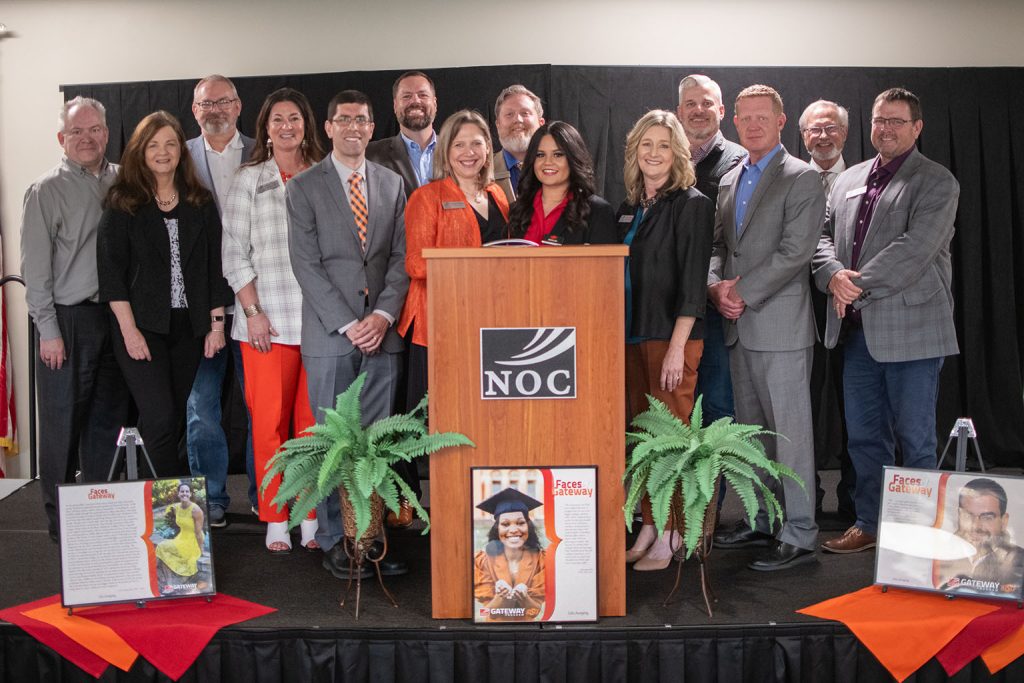 Northern Oklahoma College and Oklahoma State University celebrated the 20-Year Anniversary of the Gateway Program at NOC Stillwater on Thursday. The celebration was held at the NOC Classroom Building. Front Row (L-R): NOC President Emeritus Dr. Cheryl Evans, Vice President for Development & Community Relations Sheri Snyder, OSU Vice Provost Dr. Chris Francisco, NOC Interim President Diana Watkins, Former NOC/OSU Gateway Student Maritza Jireh Leon Cartagena, Vice President for Financial Affairs Anita Simpson, Vice President for Student Affairs Jason Johnson, Vice President for Enid Jeremy Hise. Back Row (L-R): Vice President for Enrollment Management Dr. Rick Edgington, Dr. Uwe Gordon, Superintendent Stillwater Public Schools, Stillwater Mayor Will Joyce, Vice President for Stillwater Dr. Marsh Howard, NOC Regent Brad Fox, NOC Regent Mike Loftis. (photo by Shiloh Martin/Northern Oklahoma College)