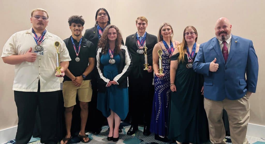 NOC Criminal Justice Team performer well at the San Marcos, Texas, Regional Criminal Justice Competition.  Pictured (L-R):  Avry Nailon, Robert Brown, Geronimo Quilimaco, Jr., Samantha Mears, Brian Fredricks, Lexi Merrill, Riley Hoover and Criminal Justice Instructor Troy Cochran.