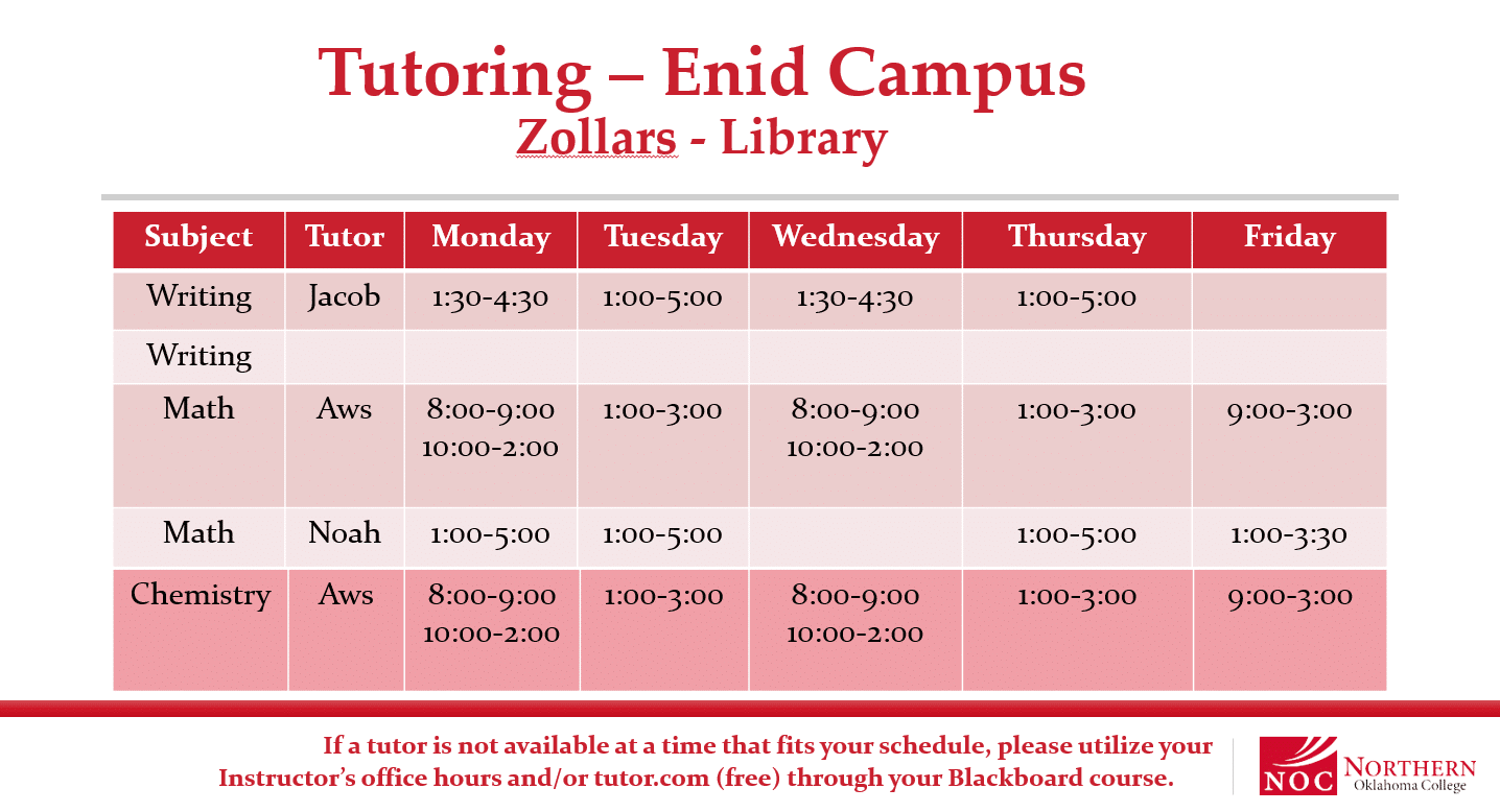 Enid Tutoring Schedule