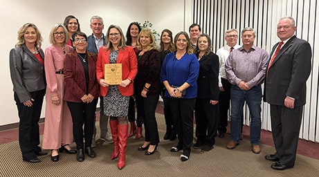 NOC was named the Tonkawa Chamber of Commerce Business of the Year Thursday night at the Renfro Center. Pictured (L-R): Anita Simpson, Audrey Schmitz, Renna Bowers, Sandy Mulligan, Brad Purdy, President Diana Morris, Sheri Snyder, Cany Oller, Ciera Kirby, Dr. Shelly Mencacci, Kyle Smith, Jalana Cloud, Scott Cloud, Mark Tarrant, Dr. Rick Edgington.