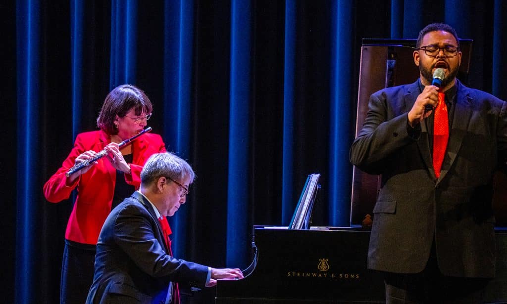 Jerry Steichen and Cathy Venable accompanied NOC Fine Arts Faculty member Brandon Haynes in a rendition of “All Good Gifts” from Godspell. (photo by Caroline Hillock/NOC).