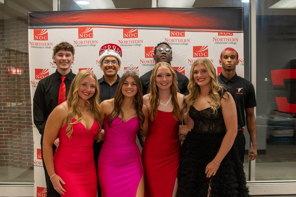 Jose Sosa and Kailey Rich were elected NOC Tonkawa Homecoming king, queen for 2025-26. Pictured are the king, queen, and court. Front Row (L-R): Jadison Ackerman, Queen Kailey Rich, Kennedy Zook, Kaidince Calvert. Back Row (L-R): Trystyn Estes, King Jose Sosa, Sam Nam, Waleed Khairi. (photo by Caroline Hillock/NOC).