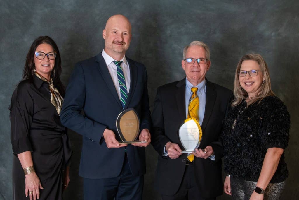 Three NOC alumni were inducted into the Distinguished Hall of Fame last Thursday in Tonkawa. Pictured (L-R): NOC Vice President for Development & Community Relations Sheri Snyder, Adam Leaming (Class of 2001), Rick Scott (Class of 1983), NOC President Diana Morris. Wilma Harman (Class of 1973) was inducted posthumously. (photo by Caroline Hillock/NOC).
