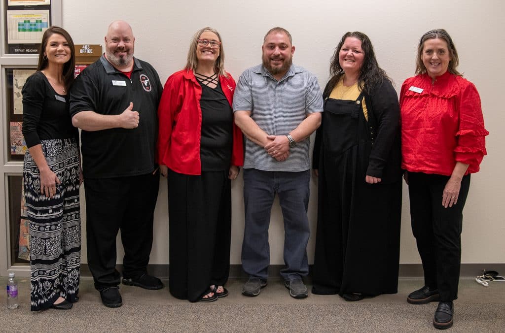 NOC Enid hosted two Oklahoma Juvenile Authority employees in a Criminal Justice Showcase April 8.  Pictured (L-R):  NOC Alumni and Community Relations Director Ciera Kirby, NOC Criminal Justice Instructor Troy Cochran, NOC Division Chair for Language Arts/Social Science Stacey Frazier, Oklahoma Juvenile Authority Advocate Chad Mittelstet, Oklahoma Juvenile Authority Advocate Jessica Seigars, NOC Vice President for Academic Affairs Dr. Shelly Mencacci (photo by Caroline Hillock/NOC)