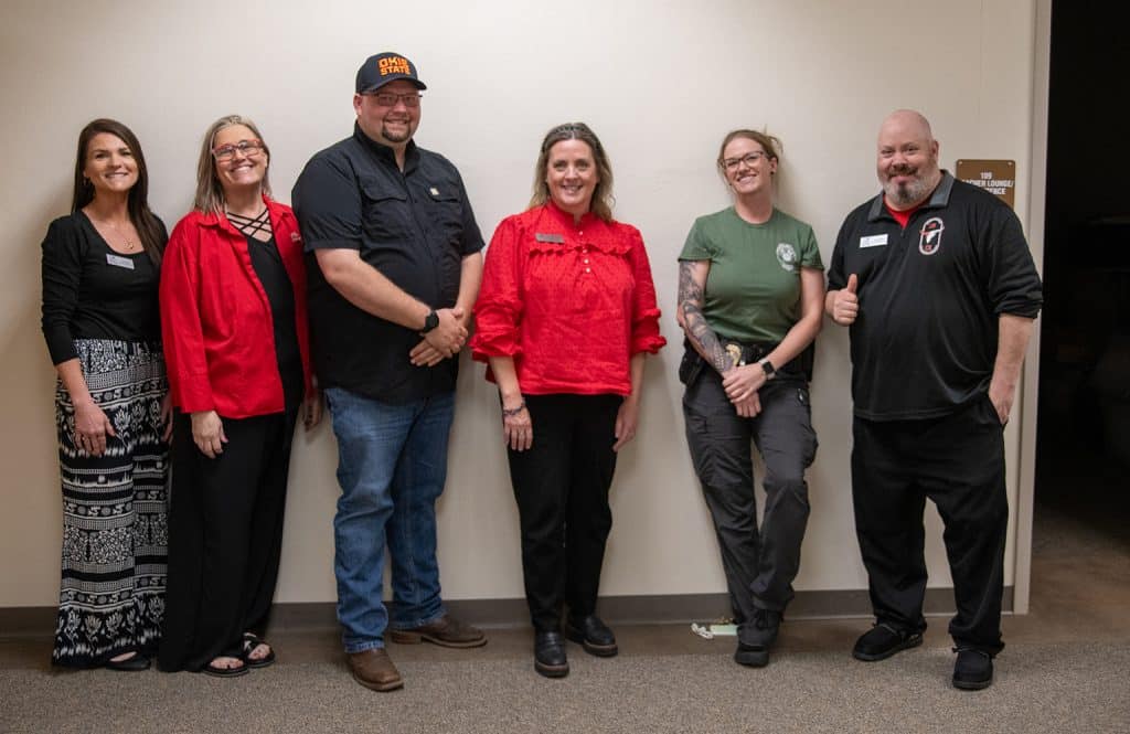 NOC Enid hosted two Oklahoma Pardon and Parole Board Employees in a Criminal Justice Showcase April 8.  Pictured (L-R):  NOC Alumni and Community Relations Director Ciera Kirby, NOC Division Chair for Language Arts/Social Science Stacey Frazier, DOC Pardon/Parole employee Travis Ray Downey, NOC Vice President for Academic Affairs Dr. Shelly Mencacci, DOC Pardon/Parole employee Courtney Schlarb, NOC Criminal Justice Instructor Troy Cochran (photo by Caroline Hillock/NOC)