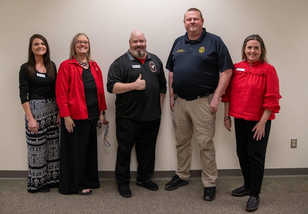 NOC Enid hosted EPD Training Coordinator Casey Von Schriltz in a Criminal Justice Showcase April 8.  Pictured (L-R):  NOC Alumni and Community Relations Director Ciera Kirby, NOC Division Chair for Language Arts/Social Science Stacey Frazier, NOC Criminal Justice Instructor Troy Cochran, Enid Police Department Training Coordinator Casey Von Schriltz, NOC Vice President for Academic Affairs Dr. Shelly Mencacci (photo by Caroline Hillock/NOC)