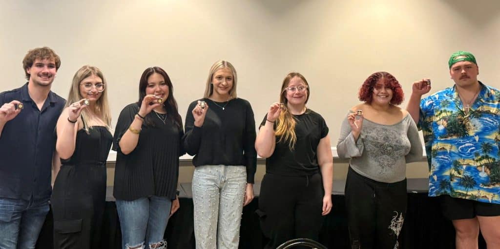 even NOC students were inducted into the American Criminal Justice Association on April 9.  Pictured (L-R):  Hayden Grell, Tonkawa; Lexi Merrill, Hominy; Angelina Rodriguez, Enid; Taryn Ellis, Enid, Riley Hoover, Hunter; Lucinda Foreman, Ponca City; Avry Nailon, Weatherford. (photo provided)