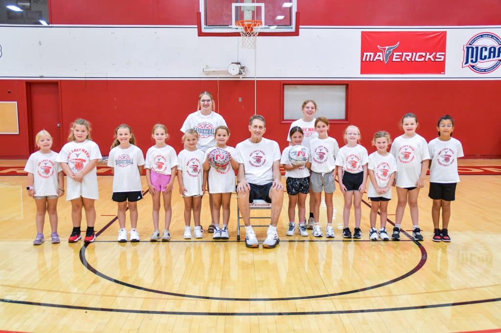 Twelve campers attending the NOC Girls Basketball Camp for Grades K-3 last week. Front Row (L-R): Cassidy Williams, Hadley Loesch, Spencer Warwick, Baylor Bowling, Caroline Dice, Blakely Moore, Coach Krause, Sutton Simpson, Tylee Wright, Keslie Stokesberry, Addison Betzen, Evanjeline DeNoya, Henley Atkinson. Back Row (L-R): Dev-Ann Geary, Avery Strickland (photo by Caroline Hillock/Northern Oklahoma College)